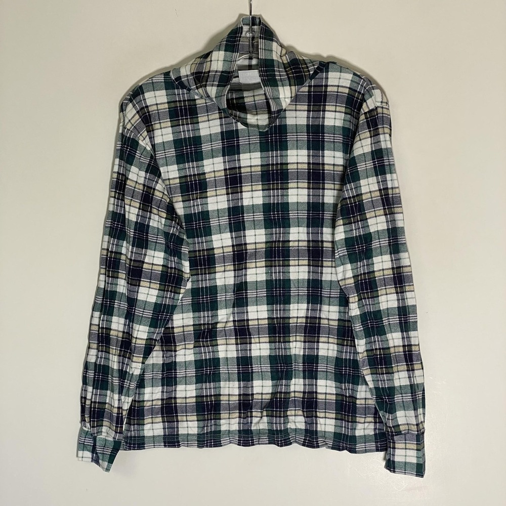 Basic Editions Sweater Womens Large Green Plaid Flannel Cowl Neck Pullover